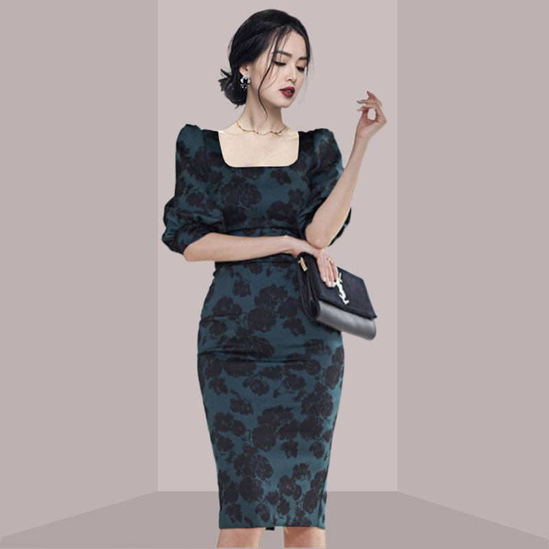 French Vintage Floral Midi Dress - 우아한 여성스러운 플로럴 프린트 슬림핏 미디