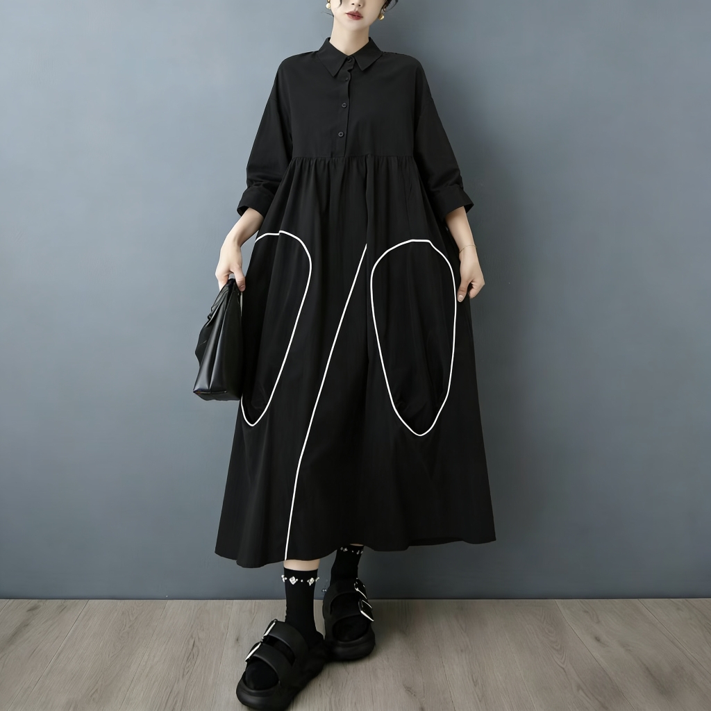Korean Style A Line Shirt Dress - 슈퍼에인(SuperAen) 봄/가을 신상품, 블랙 디자인, 비대칭