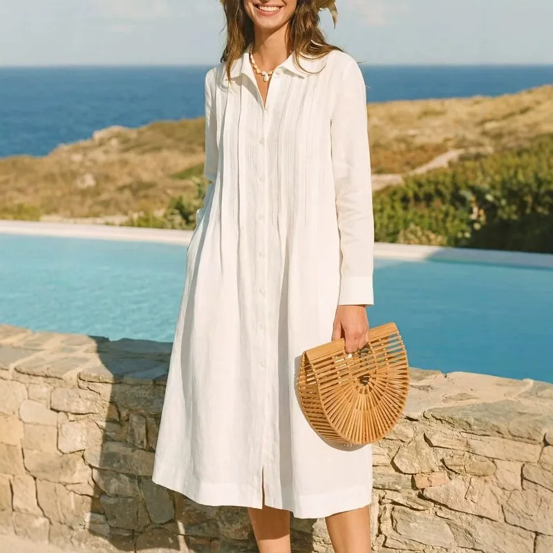 유럽풍 솔리드 롱 드레스 루즈 캐주얼 바캉스용 긴소매  - Casual Loose Linen Shirt Dress 리뷰 및 가격