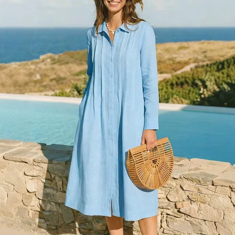 유럽풍 솔리드 롱 드레스 루즈 캐주얼 바캉스용 긴소매  - Casual Loose Linen Shirt Dress 리뷰 및 가격