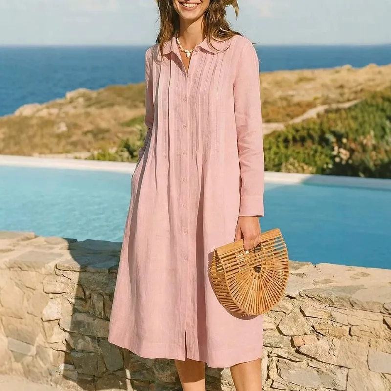 유럽풍 솔리드 롱 드레스 루즈 캐주얼 바캉스용 긴소매  - Casual Loose Linen Shirt Dress 리뷰 및 가격