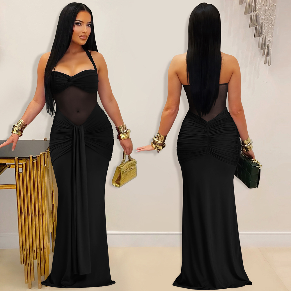 섹시 시스루 메쉬 홀터 드레스 여성용 백리스 레이스업  - Sexy Mesh Sheer Bodycon Dress 리뷰 및 가격