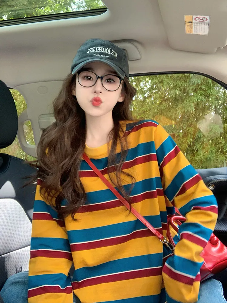 여성용 컬러 블록 스트라이프 긴팔 티셔츠, 둥근 네크라 - Blouses 리뷰 및 가격