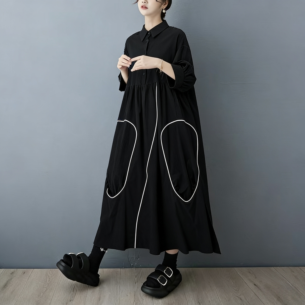 슈퍼에인(SuperAen) 봄/가을 신상품, 블랙 디자 - Korean Style A Line Shirt Dress 리뷰 및 가격