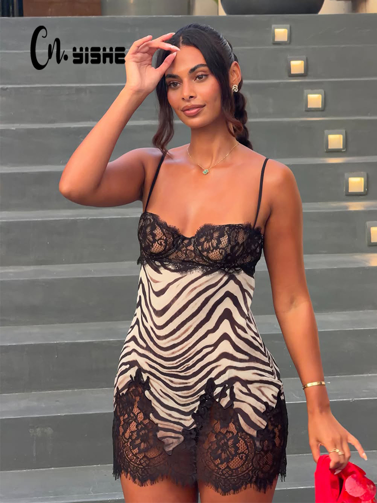 CNYISHE 캐미솔 얼룩말 프린트 레이스 패치 워크  - Sexy Mesh Sheer Bodycon Dress 리뷰 및 가격
